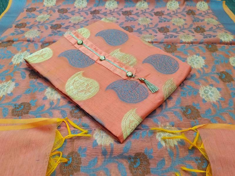 peach jacquard woven dress material