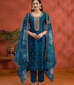 morpeach Vichitra silk embroidered work straight suit