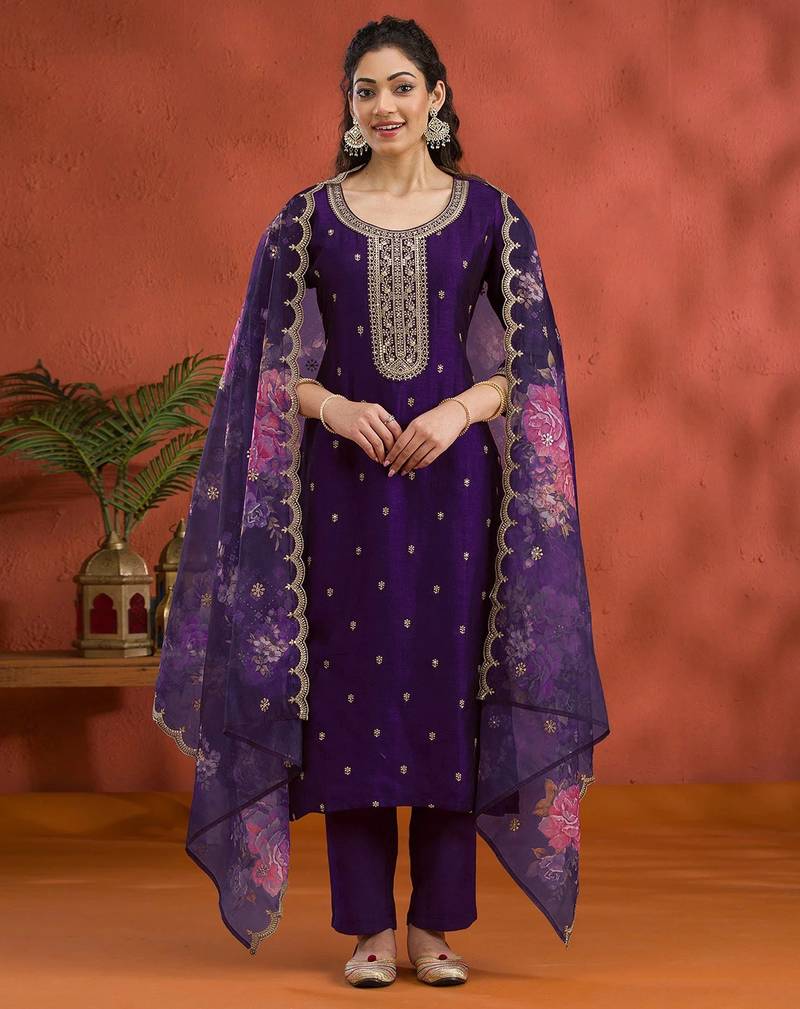 purple Vichitra silk embroidered work straight suit