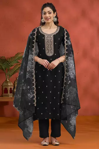 black Vichitra silk embroidered work straight suit