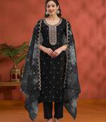black Vichitra silk embroidered work straight suit