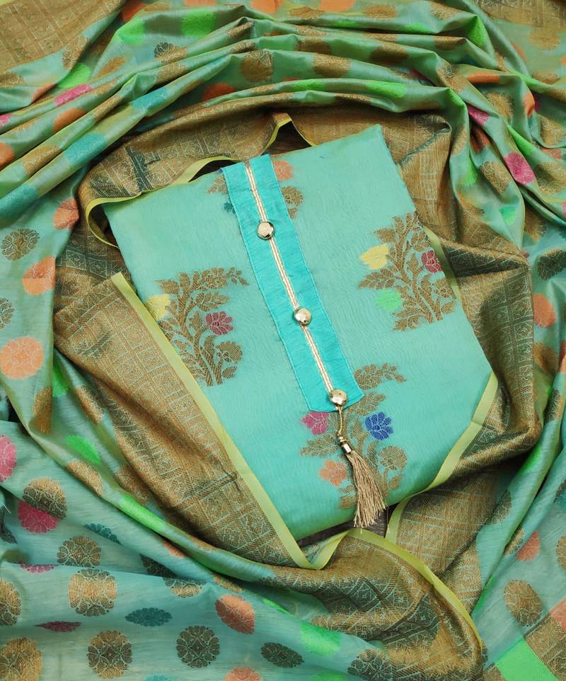 sea green jacquard woven dress material