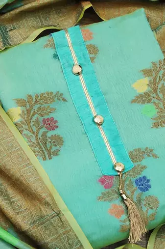 sea green jacquard woven dress material