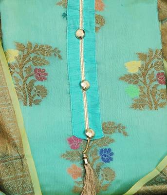 sea green jacquard woven dress material 4