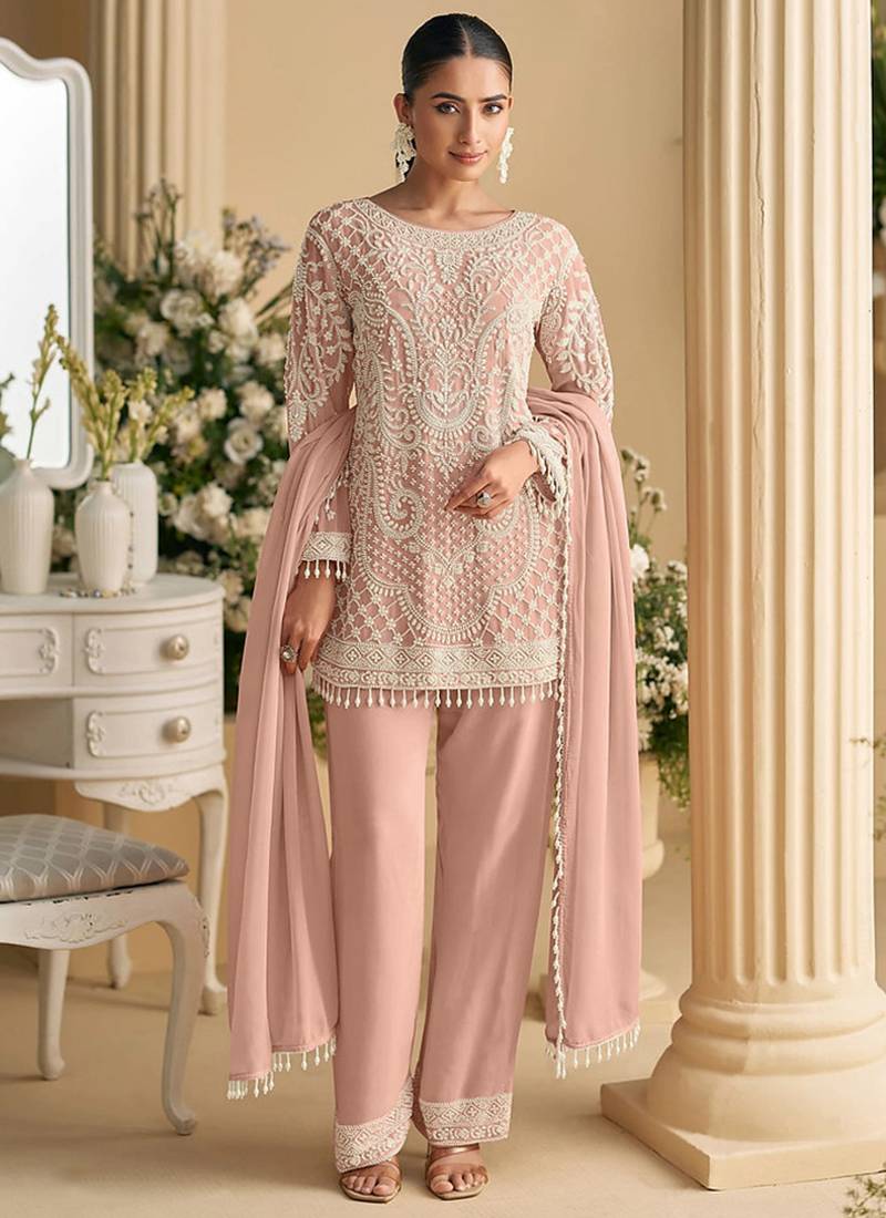 Light pink faux georgette beads sequins straight pant suit
