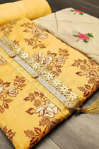 yellow chanderi embroidered dress material