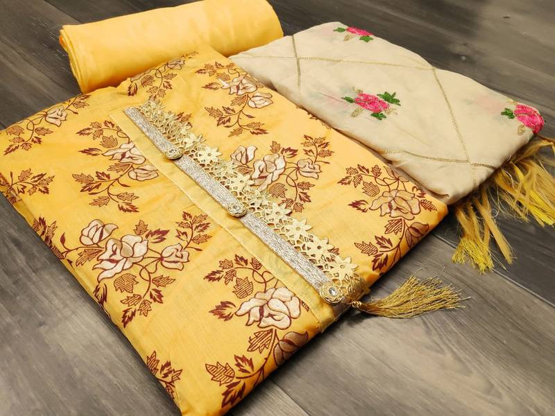 yellow chanderi embroidered dress material