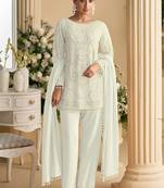 White faux georgette beads sequins straight pant suit