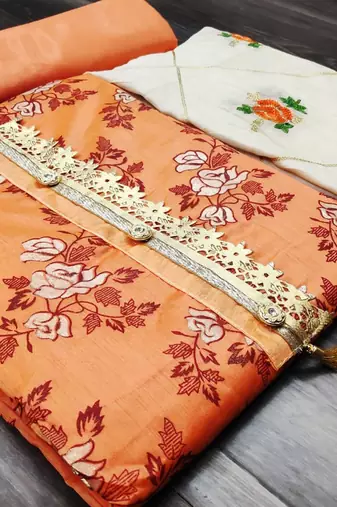 peach chanderi embroidered dress material