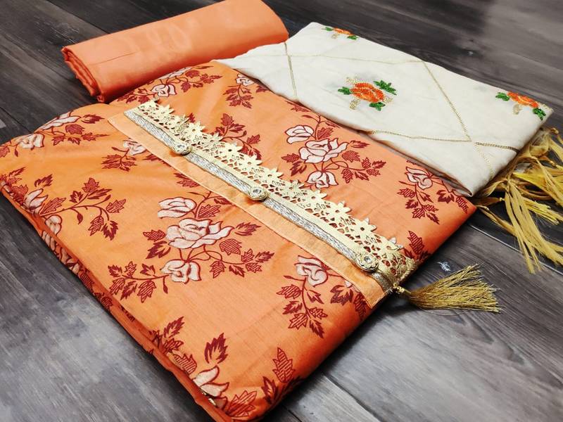 peach chanderi embroidered dress material