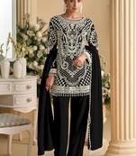 Black faux georgette beads sequins straight pant suit
