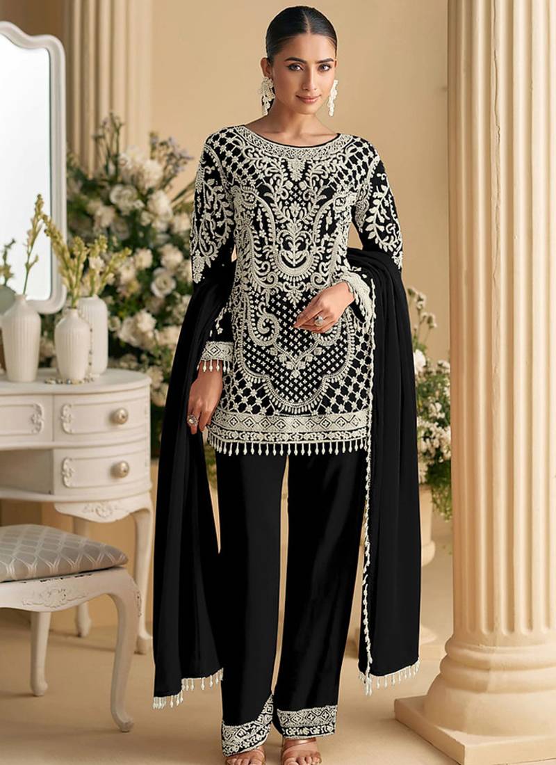 Black faux georgette beads sequins straight pant suit
