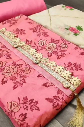 pink chanderi embroidered dress material