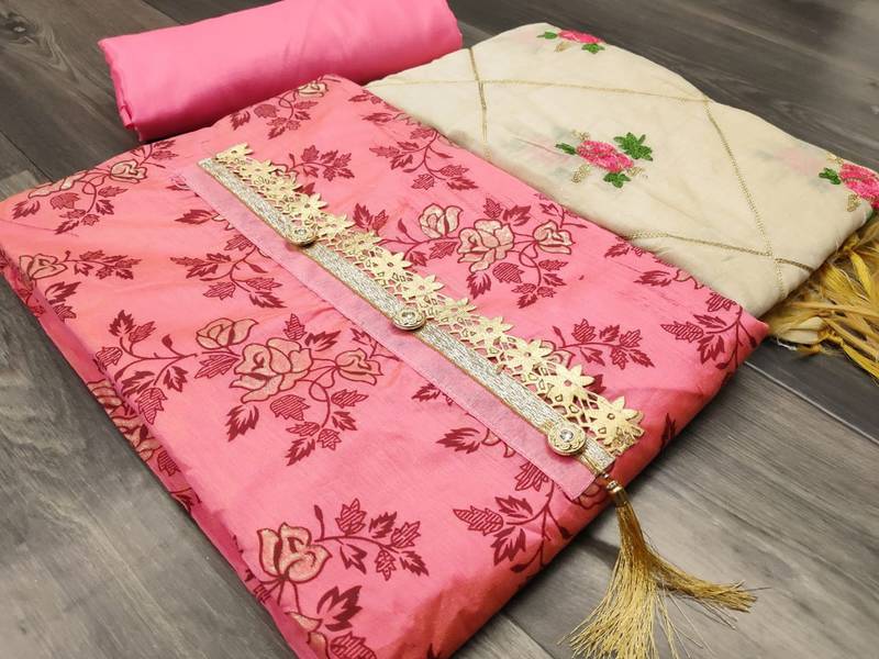 pink chanderi embroidered dress material