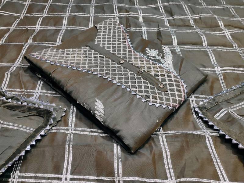 grey chanderi hand embroidery dress material