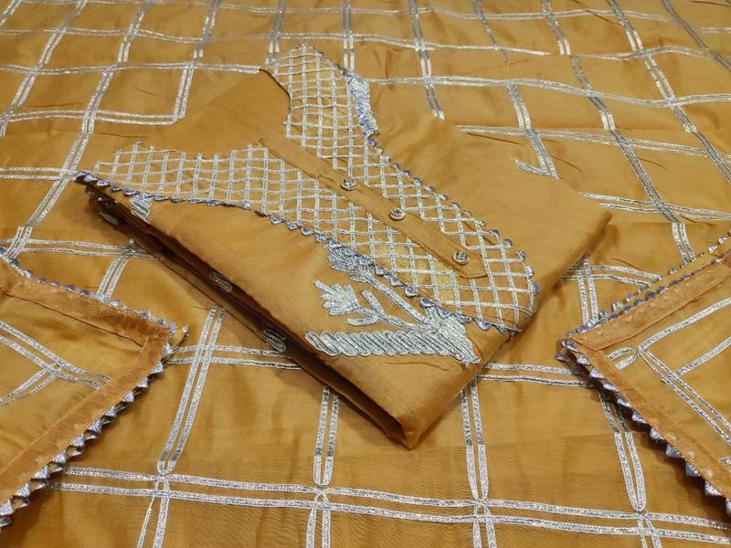 beige chanderi hand embroidery dress material