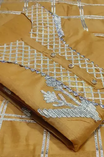 beige chanderi hand embroidery dress material