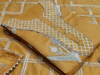 beige chanderi hand embroidery dress material 3