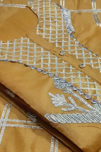 beige chanderi hand embroidery dress material