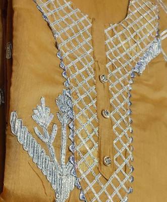 beige chanderi hand embroidery dress material 4