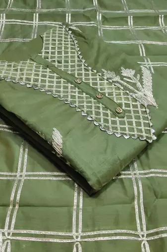 green chanderi hand embroidery dress material