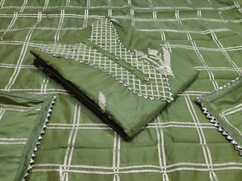 green chanderi hand embroidery dress material