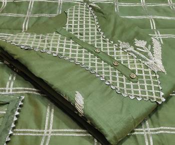 green chanderi hand embroidery dress material 3