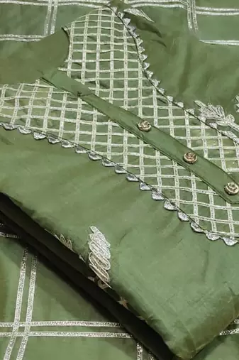 green chanderi hand embroidery dress material