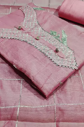 pink chanderi hand embroidery dress material