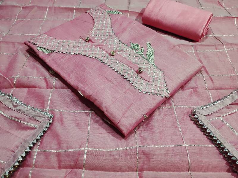 pink chanderi hand embroidery dress material