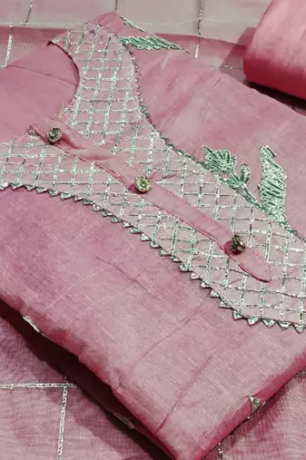 pink chanderi hand embroidery dress material