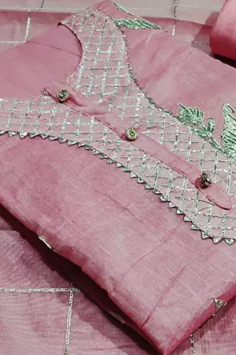 pink chanderi hand embroidery dress material
