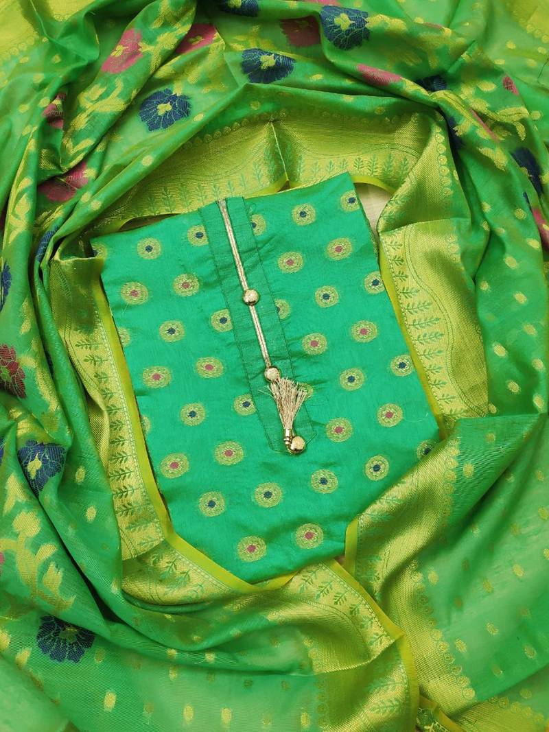 green jacquard woven dress material