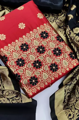 red jacquard woven dress material