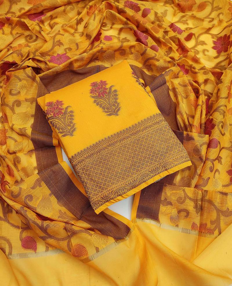 yellow jacquard woven dress material