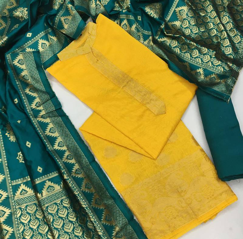 yellow jacquard woven dress material