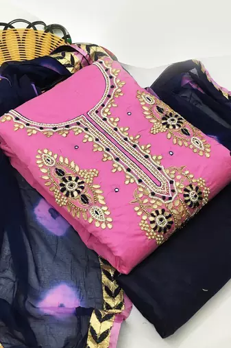 pink chanderi hand embroidery dress material