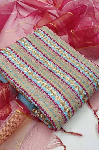 sky blue cotton hand embroidery dress material