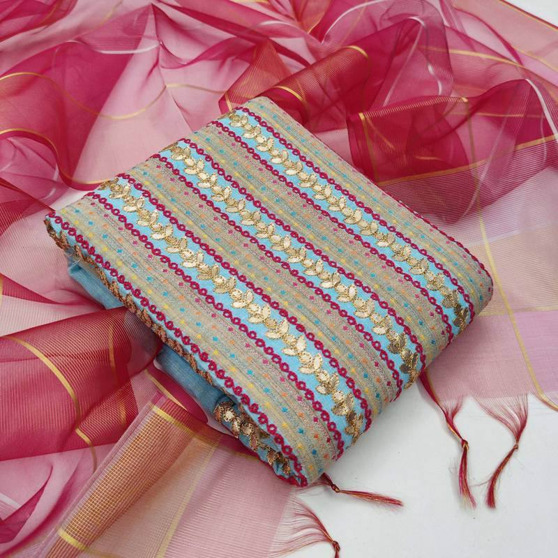 sky blue cotton hand embroidery dress material