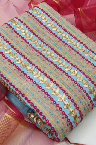 sky blue cotton hand embroidery dress material