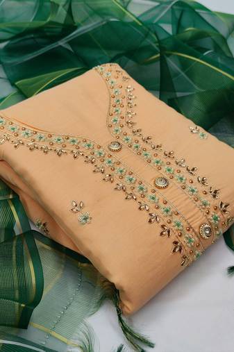 peach chanderi hand embroidery dress material