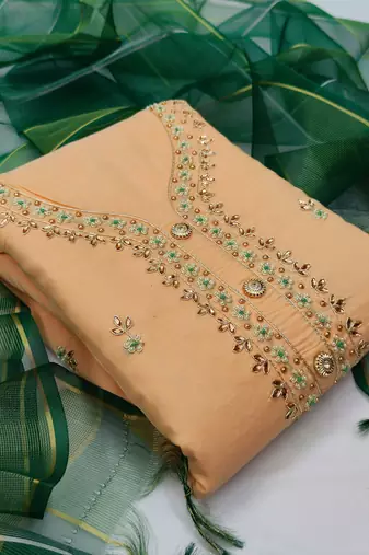 peach chanderi hand embroidery dress material