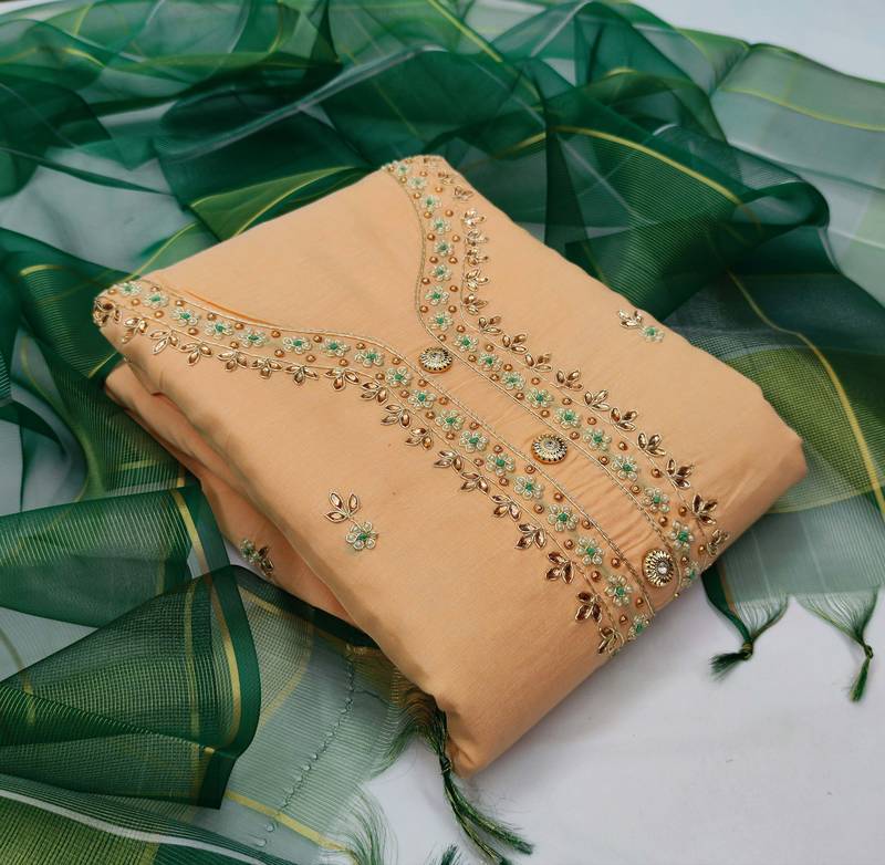 peach chanderi hand embroidery dress material