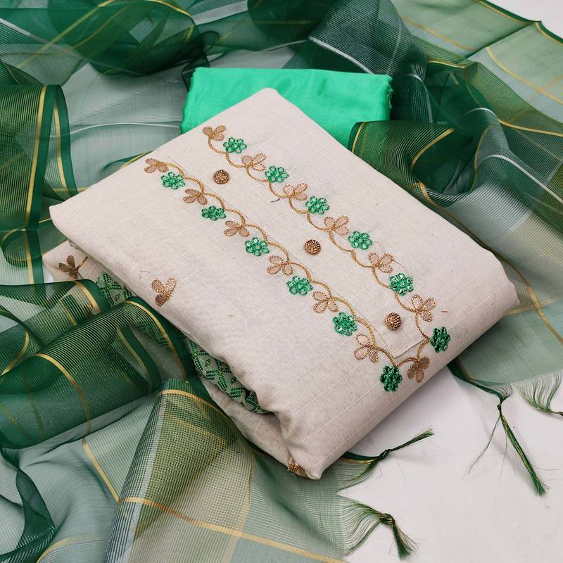 white chanderi hand embroidery dress material