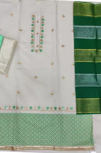 white chanderi hand embroidery dress material