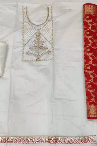 light green chanderi hand embroidery dress material