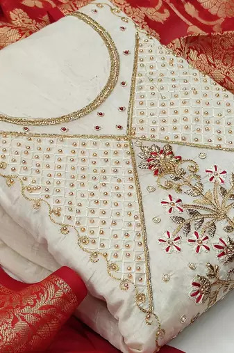 light green chanderi hand embroidery dress material