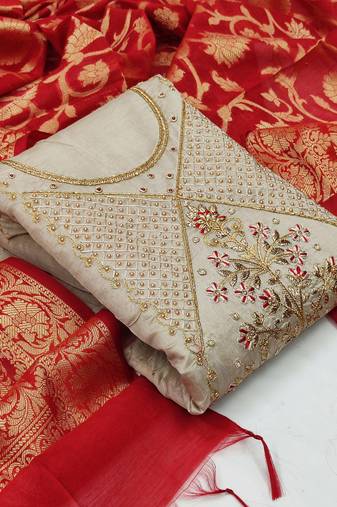 light grey chanderi hand embroidery dress material