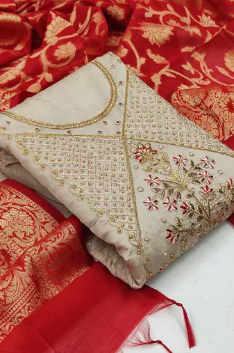 light grey chanderi hand embroidery dress material