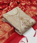 light grey chanderi hand embroidery dress material